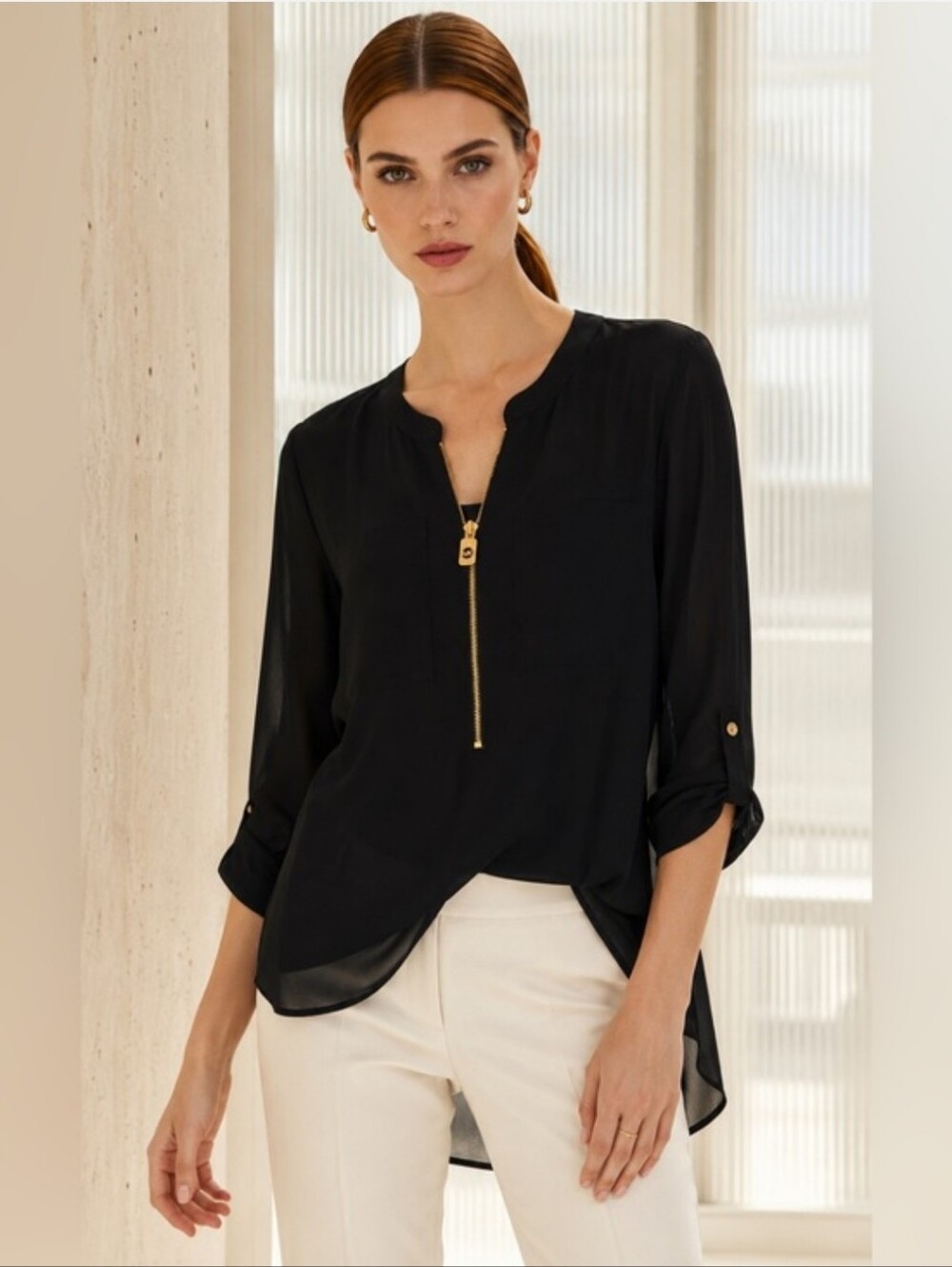 Michael Kors Black Lightweight Gold Zip V-neck Roll-tab Blouse Women's Medium